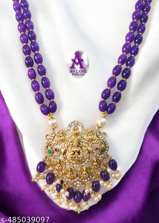 Purple Glass Bead Necklace with Ashtalakshmi Pendant