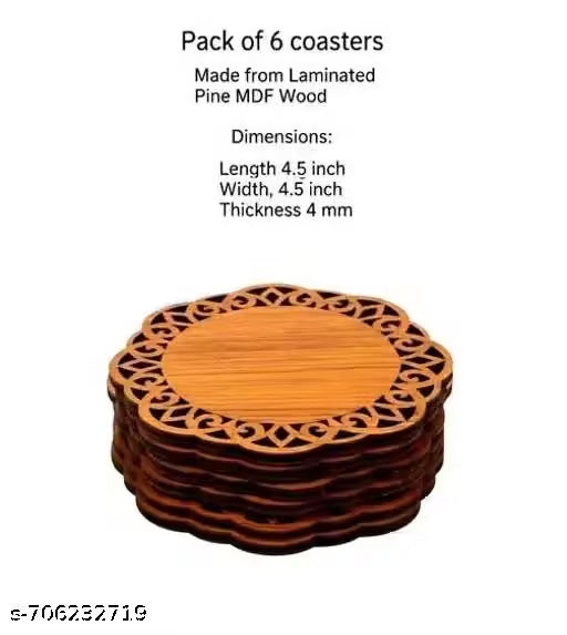 Round Laser-Cut Wooden Coasters, 6-Piece Set, 4.5 Inch