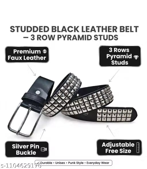 Men Black Three Row Pyramid Studded Punk Belt