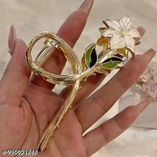White Embellished Flower Metal Hair Claw Clip