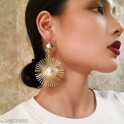 Dual Sun Shape Pearl Drop Earrings