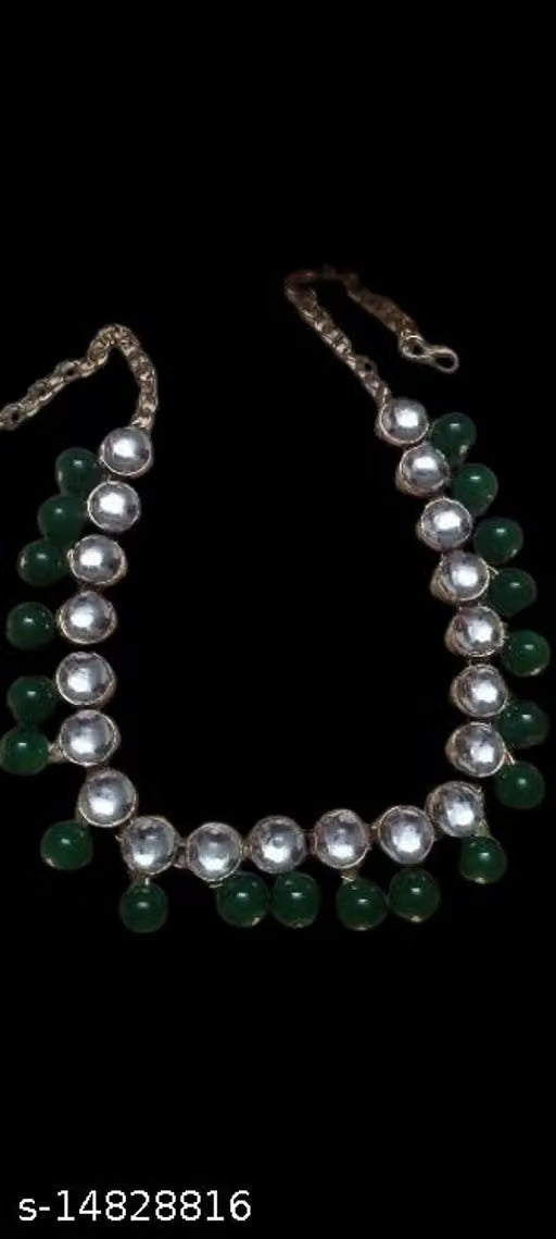 Green Kundan Necklace Set with Pearl Details
