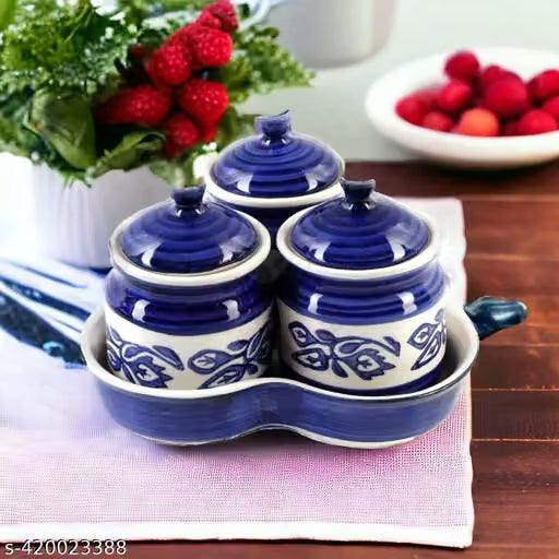 Set of 3 Ceramic Storage Jars with Holding Tray