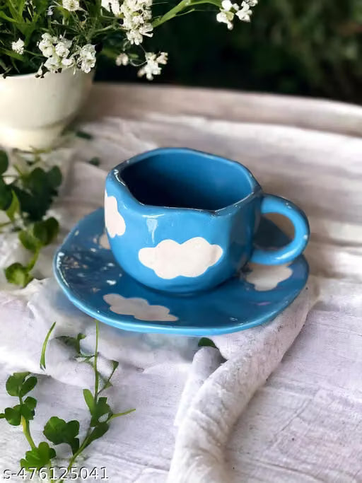 250ml Blue Cloud Ceramic Mug with Desert Plate