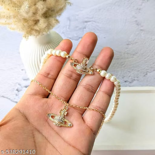 Pearl Choker and Saturn Planet Pendant Necklace Set