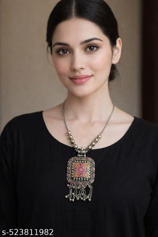 Silver Oxidised Meenakari Ethnic Necklace