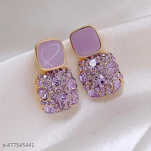 Purple Drop Stud Earrings with Gold Tone Finish