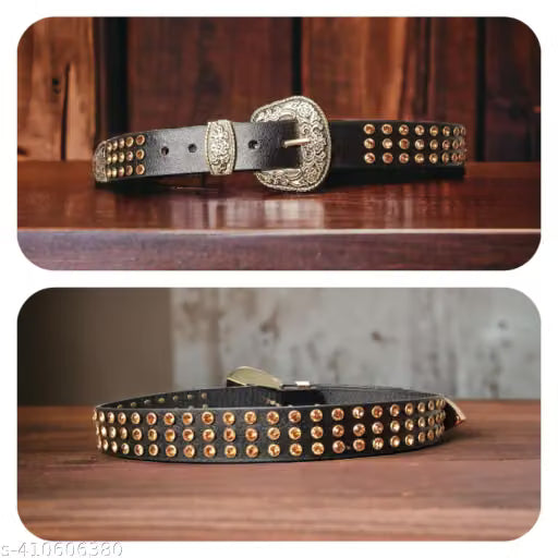 Men Studded Western Belt with Antique Metal Buckle