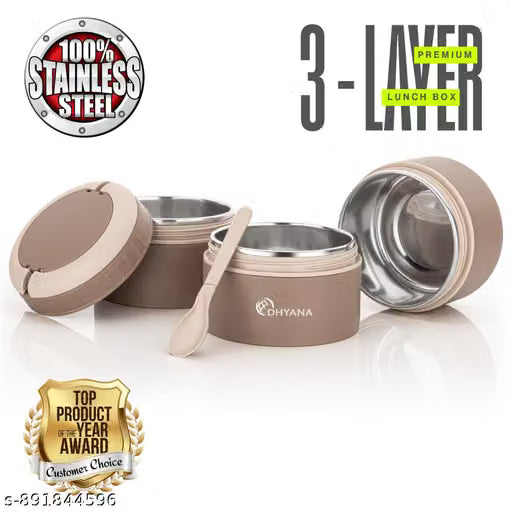 3-Layer Stainless Steel Lunch Box with Spoon