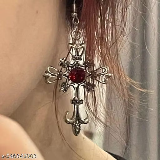 Vintage Gothic Cross Red Crystal Dangle Earrings