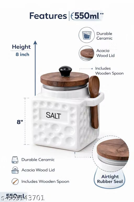 550 ml Ceramic Salt Jar with Wooden Lid and Spoon