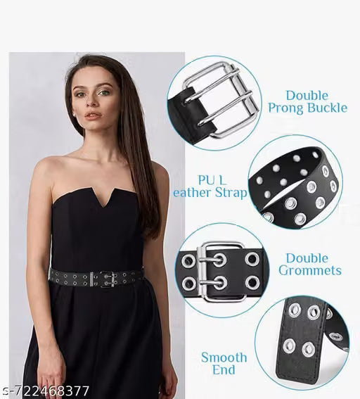 Women Black Double Eyelet PU Leather Belt