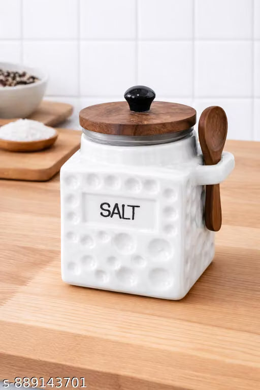 550 ml Ceramic Salt Jar with Wooden Lid and Spoon