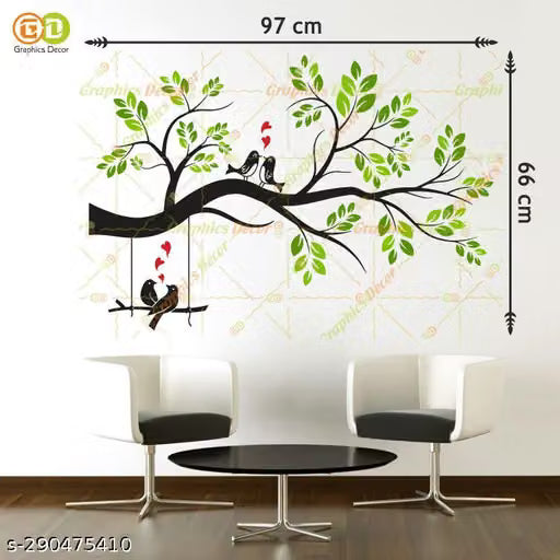 Love Birds With Green Leaf Tree Wall Sticker
