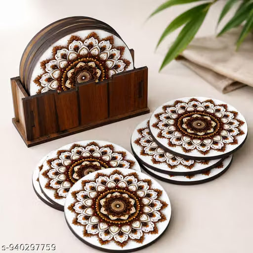 White Laser-Cut Wooden Coasters with Holder, Set of 6