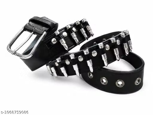 Men Black Bullet Studded Faux Leather Biker Belt