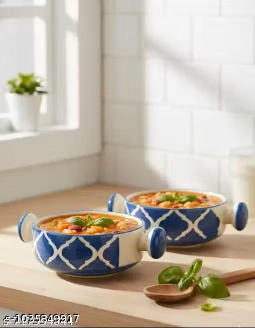 Blue and White Ceramic Soup Bowls with Handles, Set of 2