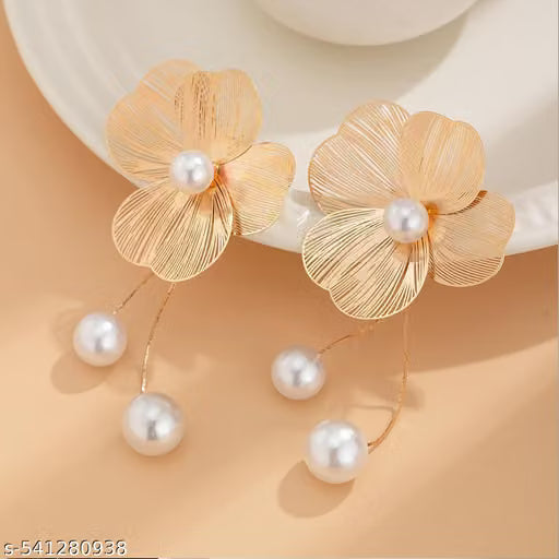 Gold Tone Four Petal Floral Pearl Drop Earrings