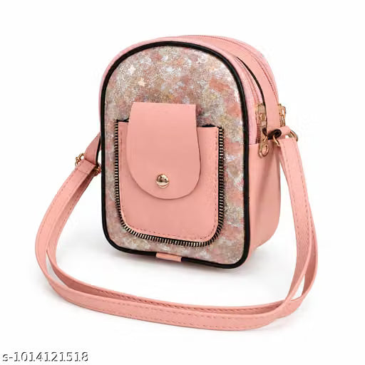 Pink Floral Printed PU Leather Three-Compartment Mobile Sling Bag