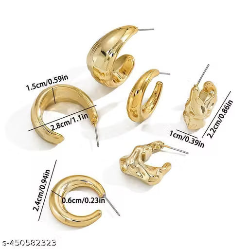 Gold Plated Half Hoop Earrings Set of 3 Pairs