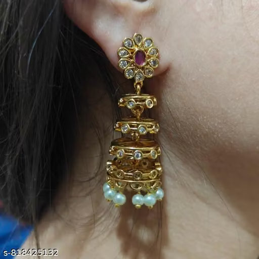 Antique Gold Ruby Pearl Layered Temple Jhumka Earrings