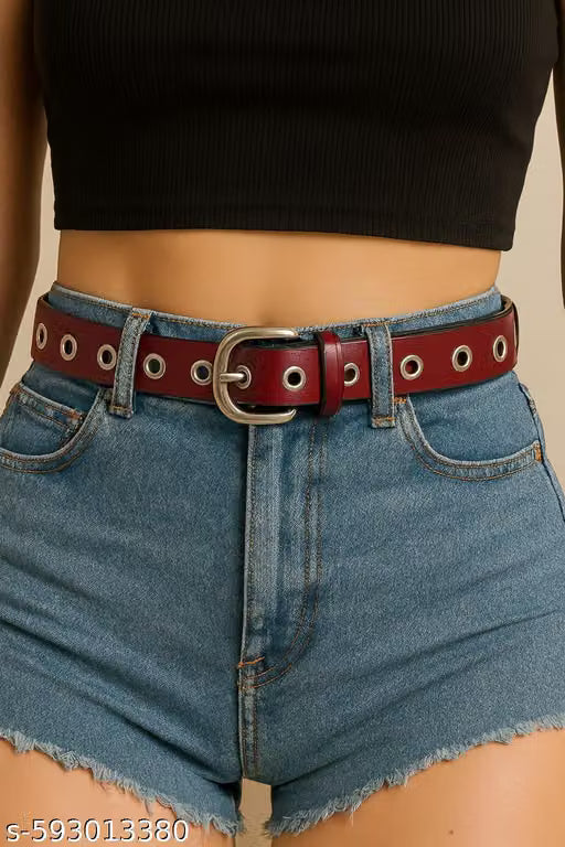 Women Double Grommet Faux Leather Belt with Silver Buckle
