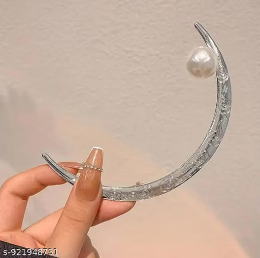 Silver Crescent Moon Pearl Hair Fork