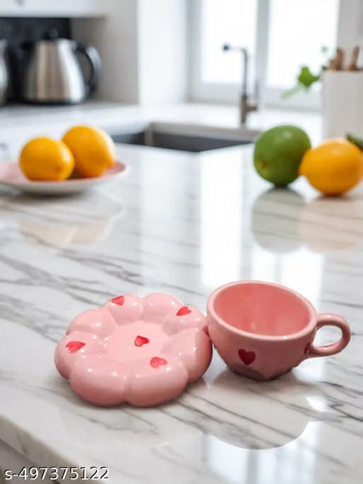 Pink Heart Bubble Ceramic Cup with Matching Saucer