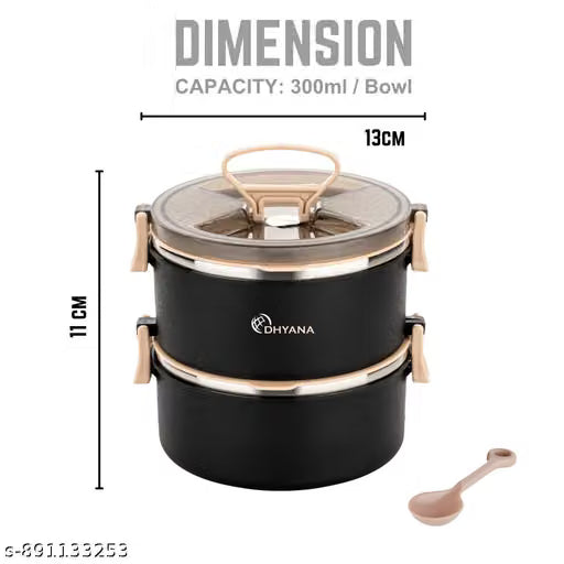2-Compartment Lunch Box with Handle, Push Lock and Spoon