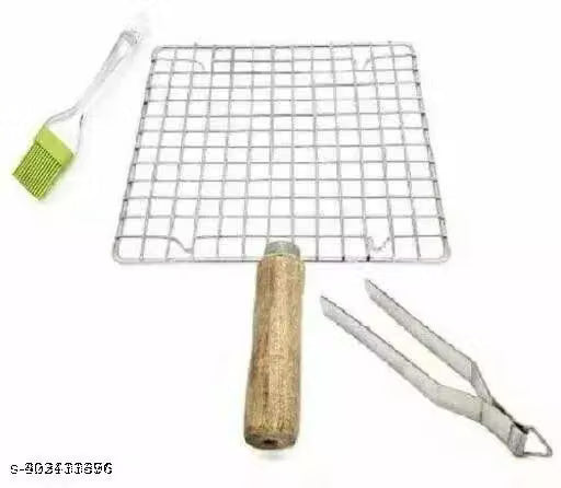 Stainless Steel Roti Roasting Jaali Set with Tongs and Oil Brush