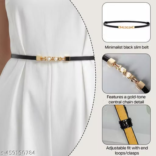 Women Black Slim Belt with Pearl Detail Buckle
