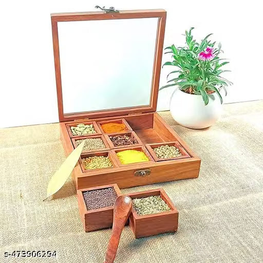 Sheesham Wood Masala Box with 9 Containers and Spoon