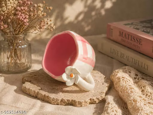 Pink Checkered Ceramic Mug with Flower Handle