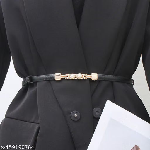 Women Black Slim Belt with Pearl Detail Buckle