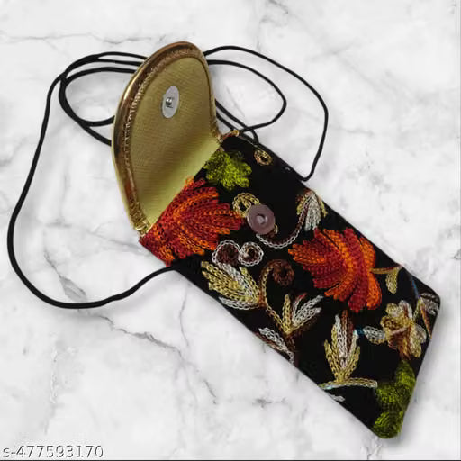 Multicolour Embroidered Cotton Mobile Pouch with Sling and Clip