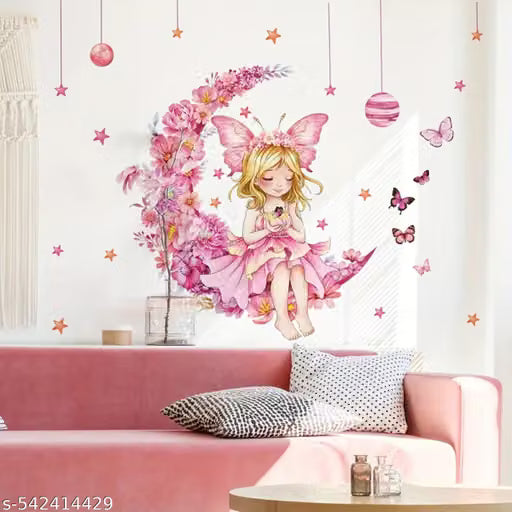 HS Decor decorative cute girl sitting on floral moon Self Adhesive New Modern Art & Trendy Wall Stickers for Living Room, Bedroom and Home Decoration (Wall Covring Size 89 Cm X 51 Cm)