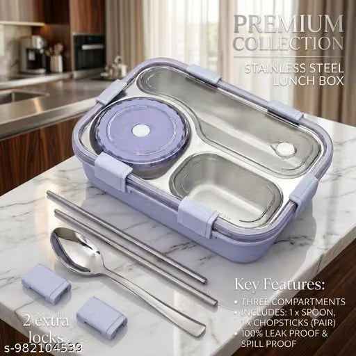 3-Compartment Stainless Steel Lunch Box with Accessories