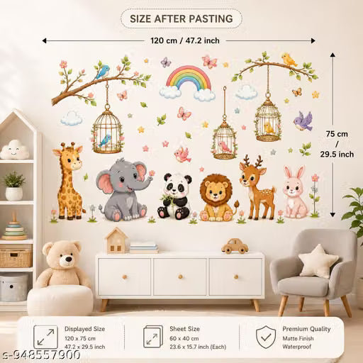 SatnamEncase Cute Jungle Animal Wall Stickers for Kids Room | Bird Cage Nursery Wall Decals with Giraffe, Elephant, Panda & Lion | Waterproof Self Adhesive PVC Wall Decor | 60x40 cm