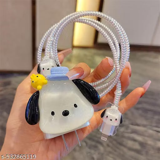White Puppy 3D iPhone Charger Cover with Spiral Cable Protector