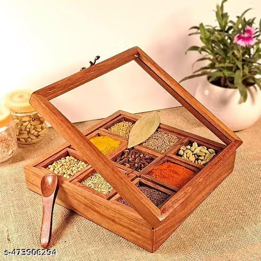 Sheesham Wood Masala Box with 9 Containers and Spoon
