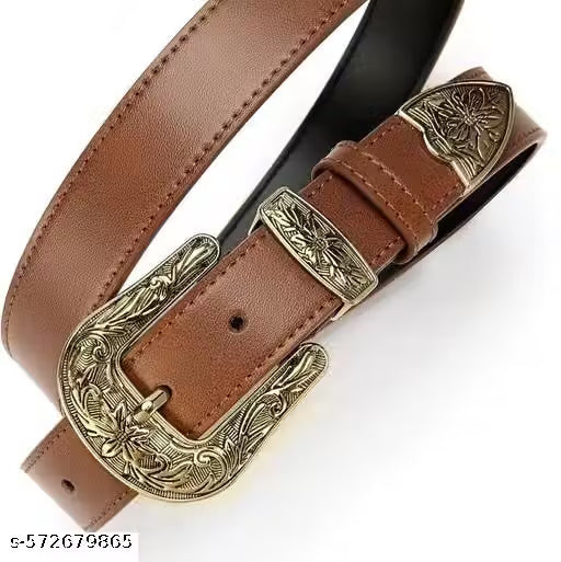 Women Tan Brown Vintage Floral Print Faux Leather Belt