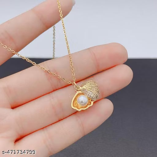 Gold Stainless Steel Pearl Seashell Locket Necklace