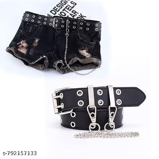 Men Black Punk Eyelet Belt with Metal Chain