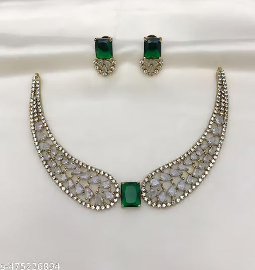 Matte Gold American Diamond Necklace and Earring Set