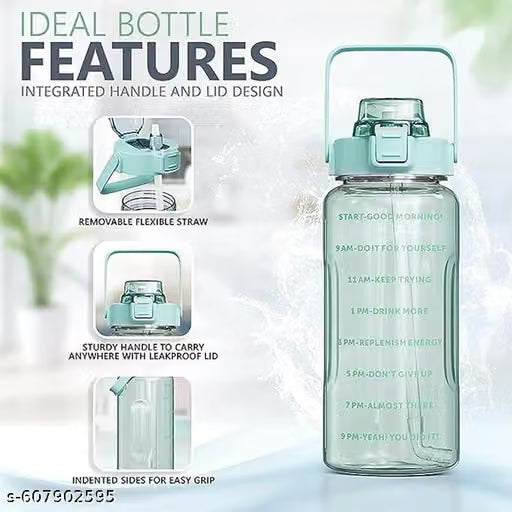 2L Motivational Water Bottle with Straw and Handle – Green