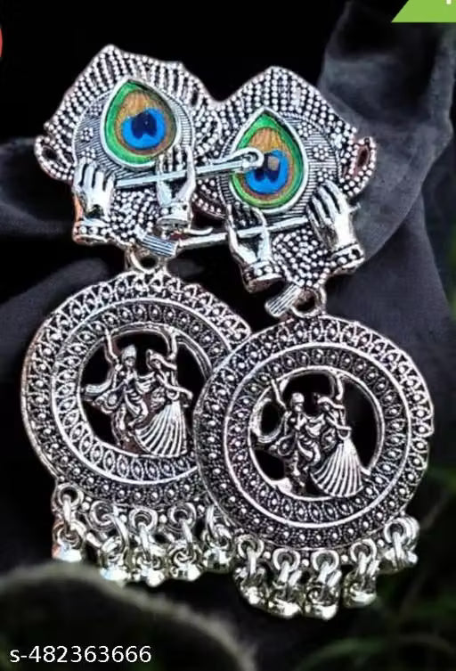 Shri Krishna Motif Oxidised Jhumka Earrings