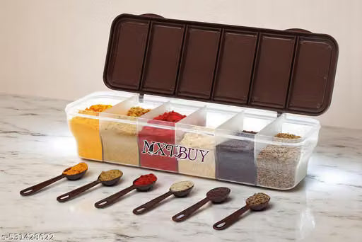 1800ml 6-Compartment Masala Box with Spoons and Clear Lid