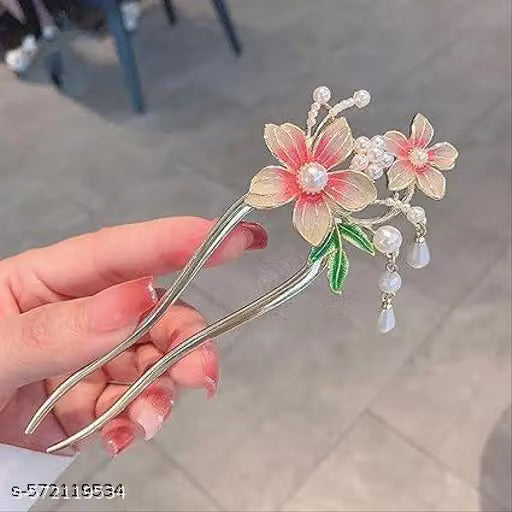 Pink Flower and Green Leaf Chinese Style U Shaped Hair Stick