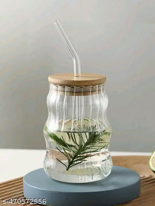 500ml Wave Shape Glass Cups with Wooden Lids – Set of 2