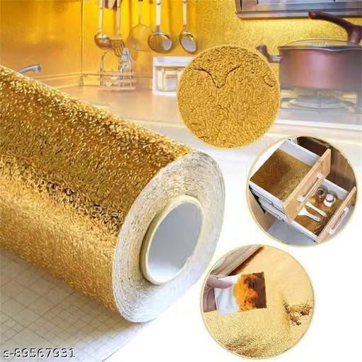 Radhe enterprice Kitchen Aluminium Foil Stickers Oil Proof Backsplash Wallpaper Self-Adhesive Wall Sticker Anti-Mold and Heat Resistant for Walls Cabinets Drawers and Shelves (Golden)